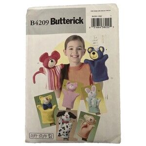 BUTTERICK B4209 Hand Puppets, bear pig cat dog monkey mouse bunny, new and uncut